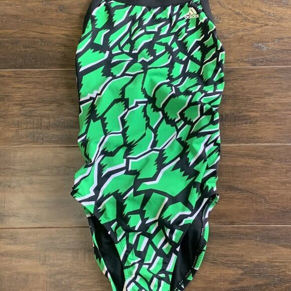 ADIDAS Amoeba Blocks Vortex Back Green Black Whi Swim Suit NEW Womens 26 - Picture 2 of 9